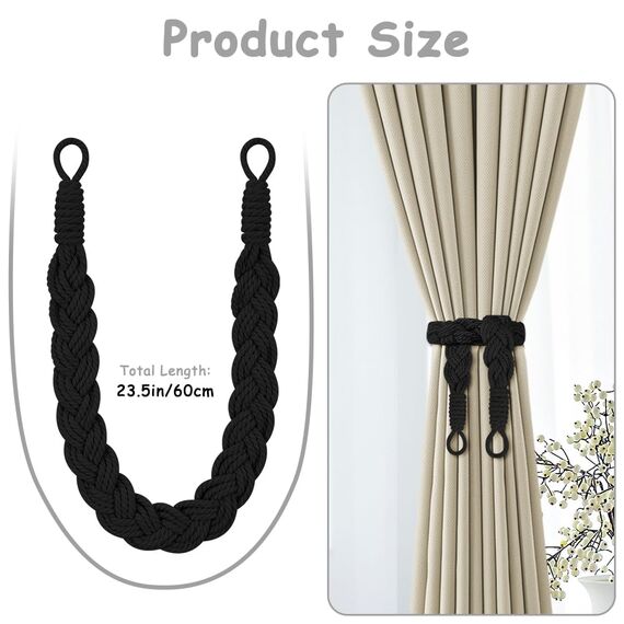 HOTUT Vorhang Raffhalter, 2 Stück Curtain Rope Buckle, Handgestrickte Vorhang-Raffhalter, Vorhangbinder, Gardinen Raffhalter für Haus Office, Wohnzimmer, Schlafzimmer-Schwarz