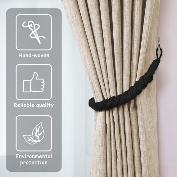 HOTUT Vorhang Raffhalter, 2 Stück Curtain Rope Buckle, Handgestrickte Vorhang-Raffhalter, Vorhangbinder, Gardinen Raffhalter für Haus Office, Wohnzimmer, Schlafzimmer-Schwarz