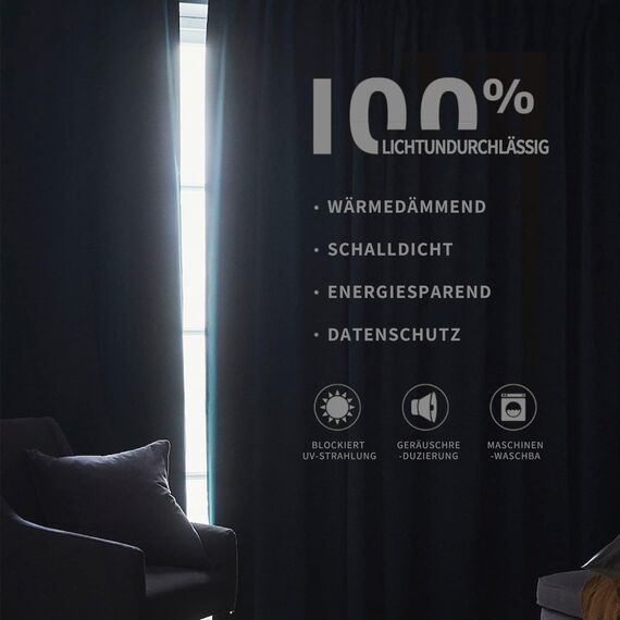 Joydeco 100% Blickdichte Vorhänge mit Schlaufen Verdeckten Leinenoptik, Verdunkelungsvorhang Stangendurchzug Gardinen Thermovorhang Leinen Hitzeschutz für Wohnzimmer 1 Stück