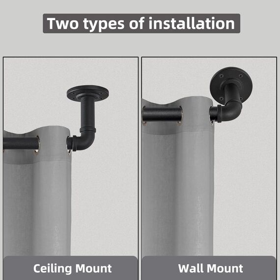 Schwarz Gardinenstange Ausziehbar Metall, Industrie Verstellbare Ausziehbare Gardinenstangen für Ösenvorhänge, Industrielle Vorhangstange für Fenster 135 cm - 365 cm.