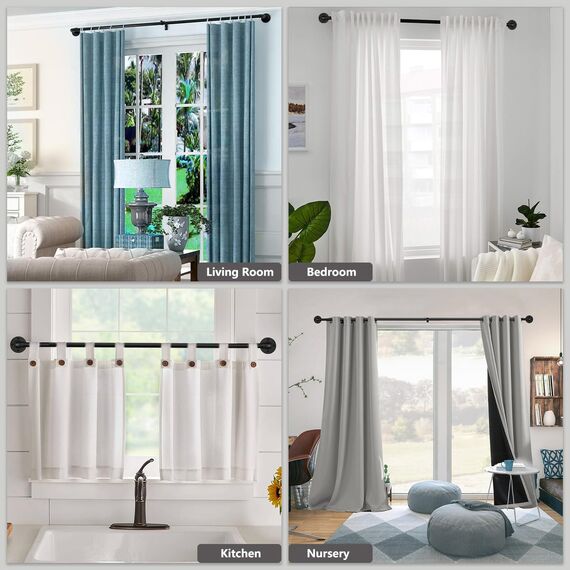 Schwarze Gardinenstange Ausziehbar Metall x3 Sätze, Industrie Gardinenstangen für Ösenvorhänge, Industrielle Gardienenstangenset für Fenster 67 cm - 122 cm((67 cm - 122 cm) X 3 PACK)