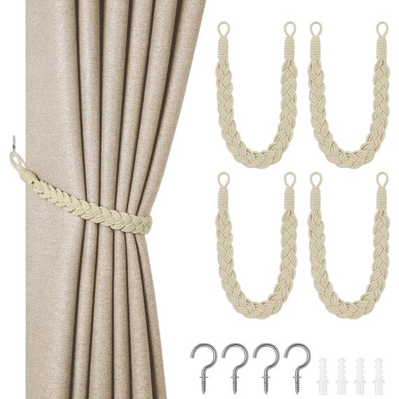 HOTUT Vorhang Raffhalter, 4 Stück Curtain Rope Buckle, Handgestrickte Vorhang-Raffhalter, Vorhangbinder, Gardinen Raffhalter für Haus Office, Wohnzimmer, Schlafzimmer-Beige