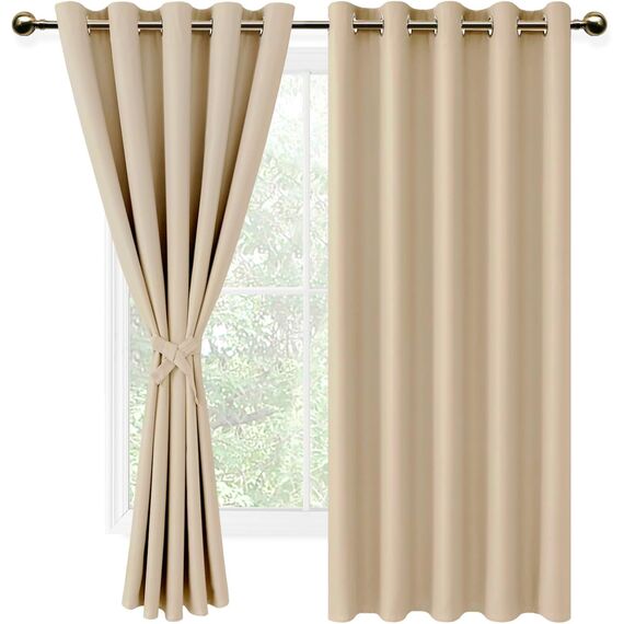 DWCN Vorhänge Blickdicht mit Raffhalter Verdunklungsvorhänge mit Ösen 2 Stücke Thermovorhang Hitzeschutz für Schlafzimmer, WonhzimmerBüro, Biscotti Beige, 183x167cm(HxB)