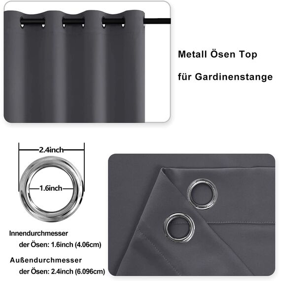 DWCN Vorhang Blickdicht mit Vorhang Raffhalter Verdunkelungsgardinen mit Ösen 2 Stücke Thermogardine, Blackout Curtain Verdunkelung Thermovorhang, Dunkelgrau, 160x132cm(HxB)