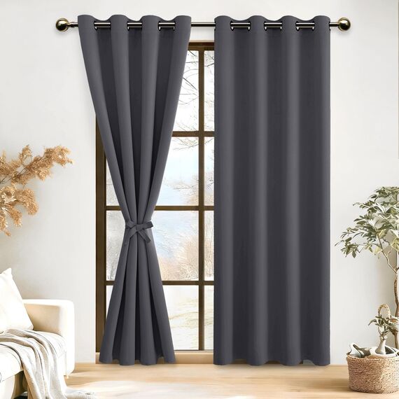 DWCN Vorhang Blickdicht mit Vorhang Raffhalter Verdunkelungsgardinen mit Ösen 2 Stücke Thermogardine, Blackout Curtain Verdunkelung Thermovorhang, Dunkelgrau, 215x132cm(HxB)