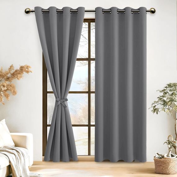 DWCN Vorhang Blickdicht mit Raffhalter Verdunkelungsgardinen mit Ösen 2 Stücke Thermogardine für Wohnzimmer Schlafzimmer Curtains Blackout Vorhang Wärmeisolierend Grau, 245x140cm(HxB)
