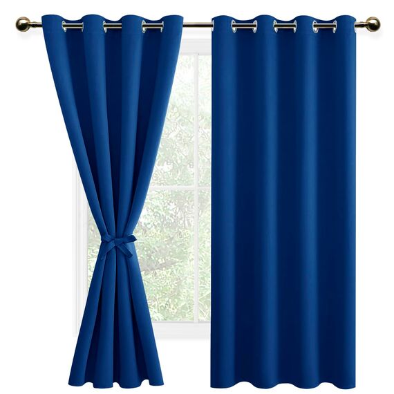 DWCN Vorhange Wohnzimmer Schlafzimmer Gardinen Blickdicht Vorhänge mit Ösen 2er Set, Verdunklungsvorhänge mit Vorhang-Krawatten, Königsblau, 175x140cm(HxB)