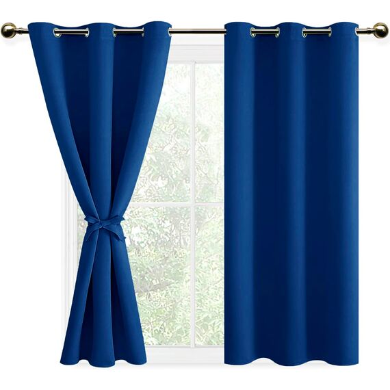 DWCN Vorhange Wohnzimmer Schlafzimmer Gardinen Blickdicht Vorhänge mit Ösen 2er Set, Verdunklungsvorhänge mit Vorhang-Krawatten, Gardinen Kurz, Königsblau, 137x117cm(HxB)