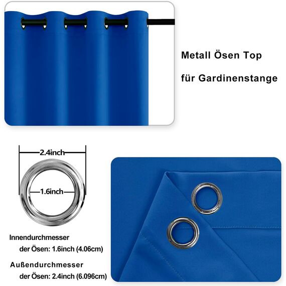 DWCN Vorhange Wohnzimmer Schlafzimmer Gardinen Blickdicht Vorhänge mit Ösen 2er Set, Verdunklungsvorhänge mit Vorhang-Krawatten, Gardinen Kurz, Königsblau, 137x117cm(HxB)