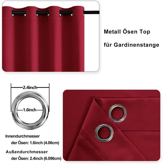 DWCN Gardinen Blickdicht Verdunkelungsgardinen mit Ösen Vorhänge Wohnzimmer mit Vorhang-Krawatten, Weihnachtsvorhänge Thermovorhang 2 Stücke, Rot, 160x106cm(HxB)