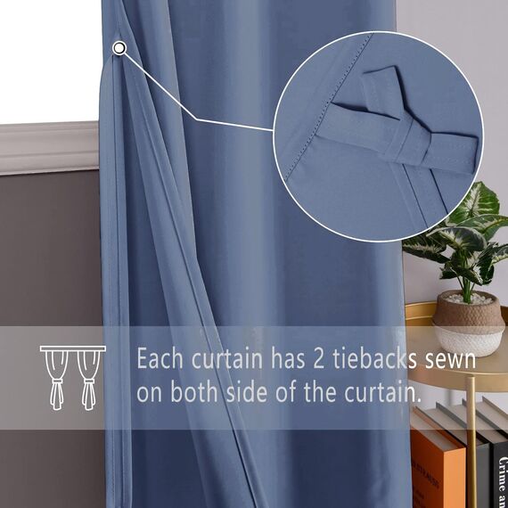 DWCN Verdunklungsvorhänge mit Ösen Blickdicht Vorhänge mit Raffhalter 2 Stücke Thermovorhang Kälteschutz Gardinen Wohnzimmer Schlafzimmer Wärmeisolierend, Staubiges Blau, H137 x B117 cm (2er Pack)