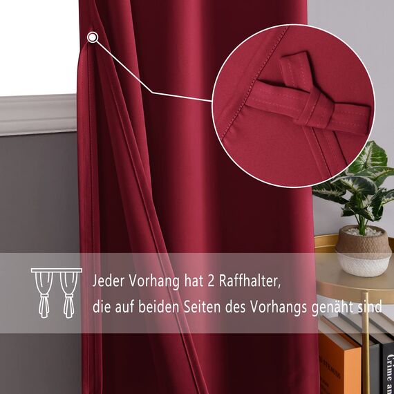 DWCN Gardinen Blickdicht Verdunkelungsgardinen mit Ösen Vorhänge Wohnzimmer mit Vorhang-Krawatten, Wärmeisolierende Thermovorhang 2 Stücke, Rot, 245x140cm(HxB)