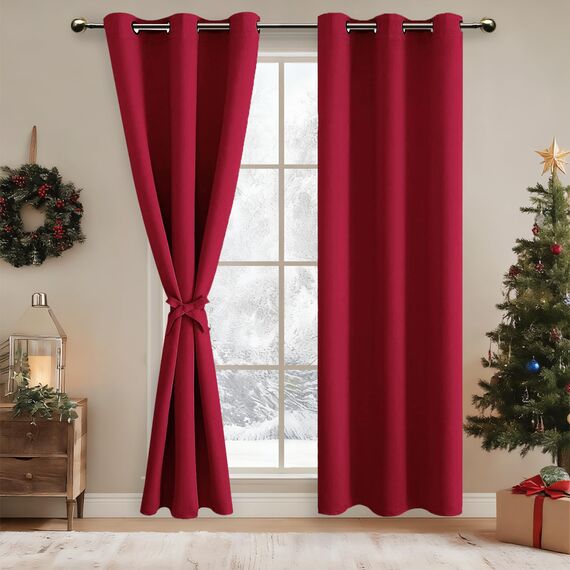 DWCN Gardinen Blickdicht Verdunkelungsgardinen mit Ösen Vorhänge Wohnzimmer mit Vorhang-Krawatten, Thermovorhang Kälteschutz 2 Stücke, Rot, 228x117cm(HxB)