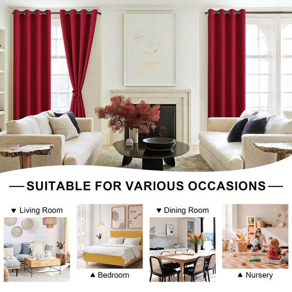 DWCN Gardinen Blickdicht Verdunkelungsgardinen mit Ösen Weihnachtsvorhänge mit Vorhang-Krawatten, Wärmeisolierende Gardinen Kurz Thermovorhang 2 Stücke, Rot, 215x140cm(HxB)