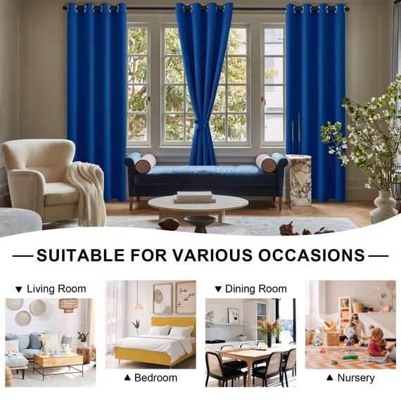 DWCN Vorhange Wohnzimmer Schlafzimmer Gardinen Blickdicht Vorhänge mit Ösen 2er Set, Verdunklungsvorhänge mit Vorhang-Krawatten, Königsblau, 137x132cm(HxB)