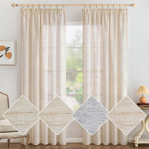 MIULEE Leinen Gardinen Vorhänge mit Kräuselband Gardine Vorhang Leinenoptik kräuselband Wohnzimmer Modern Voile Schienensystem Schlafzimmer 2er Set Weißer Reis 140x175 cm