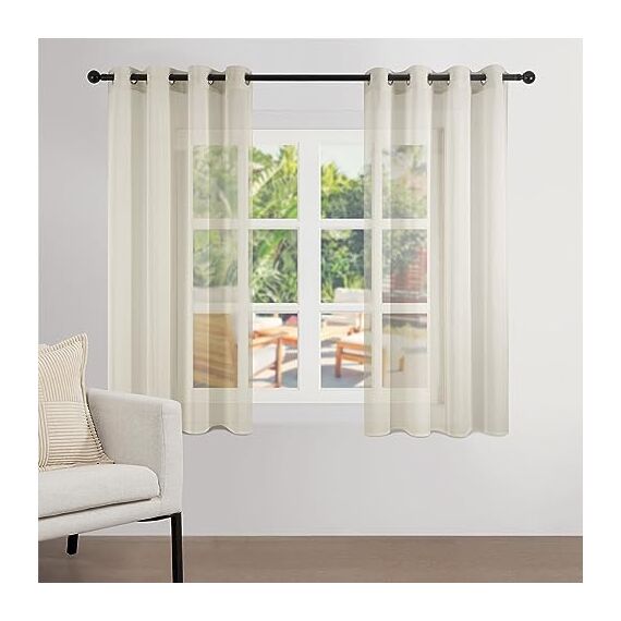 Topfinel Gardinen Beige Vorhang Halbtransparent Ösen Vorhänge Leinenoptik Gardine Schals Kurzstore Ösengardinen 2er Set 140x145 cm Deko für Küche, Flur, Klassenzimmer, Sheer Curtains Transparent