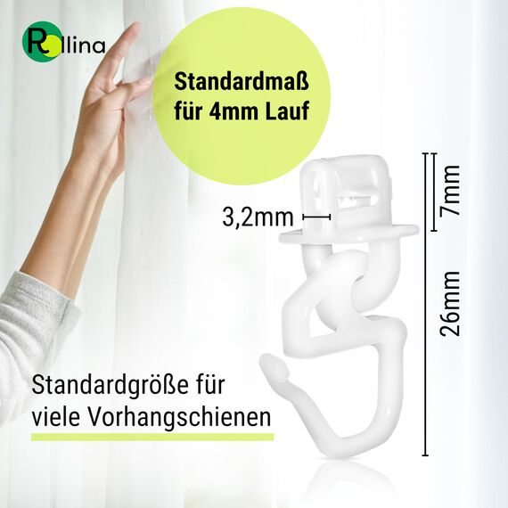 Rollina klick-Gleiter | Gardinenhaken für Gardinenschiene mit 3,2-4mm Innenlauf | Vorhang Haken kurz | auch für Wohnwagen Wohnmobil Caravan LKW | 50 Stück | Made in Germany
