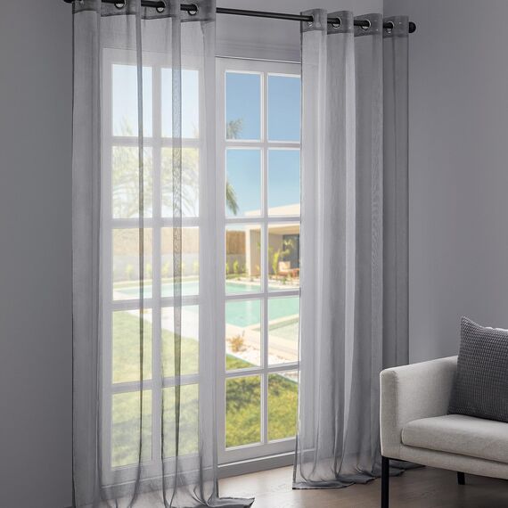 Topfinel Voile Gardinen Grau Transparent mit Ösen Vorhänge Leinenstruktur Vorhang 145 Hoch Lichtdurchlässig Sonnenschutz Gardine 140 cm Breit Kurz Vorhangschals 2er Set für Wohnzimmer Schlafzimmer