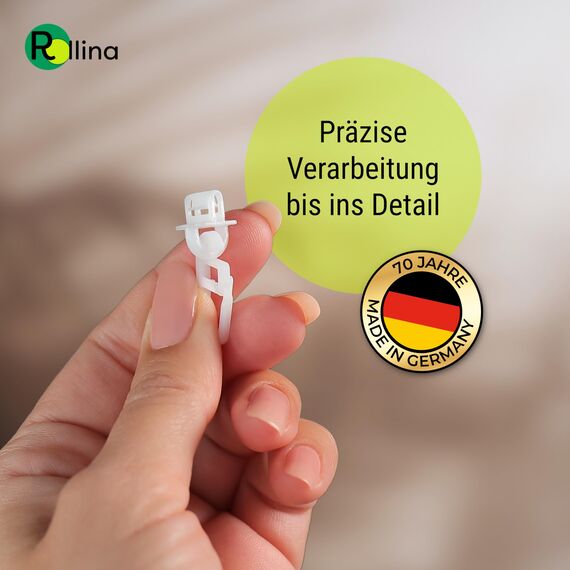 Rollina klick-Gleiter | Gardinenhaken für Gardinenschiene mit 3,2-4mm Innenlauf | Vorhang Haken lang | auch für Wohnwagen Wohnmobil Caravan LKW | 100 Stück | Made in Germany