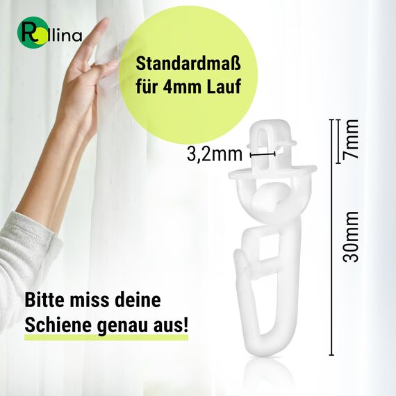 Rollina klick-Gleiter | Gardinenhaken für Gardinenschiene mit 3,2-4mm Innenlauf | Vorhang Haken lang | auch für Wohnwagen Wohnmobil Caravan LKW | 100 Stück | Made in Germany