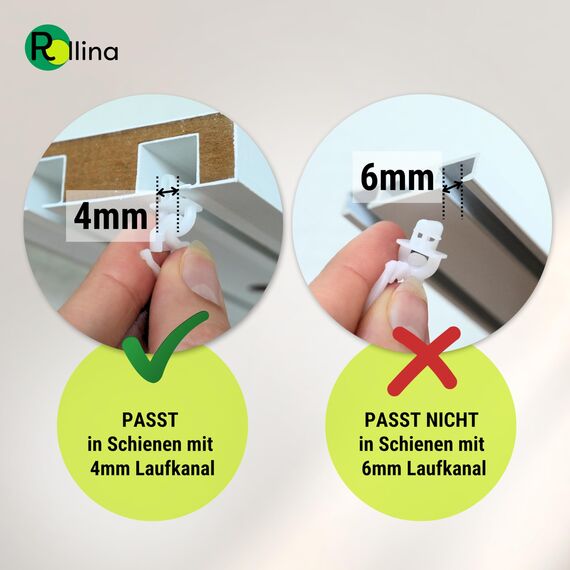 Rollina klick-Gleiter | Gardinenhaken für Gardinenschiene mit 3,2-4mm Innenlauf | Vorhang Haken lang | auch für Wohnwagen Wohnmobil Caravan LKW | 100 Stück | Made in Germany