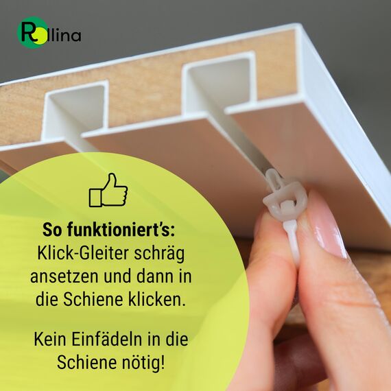 Rollina klick-Gleiter | Gardinenhaken für Gardinenschiene mit 3,2-4mm Innenlauf | Vorhang Haken kurz | auch für Wohnwagen Wohnmobil Caravan LKW | 50 Stück | Made in Germany