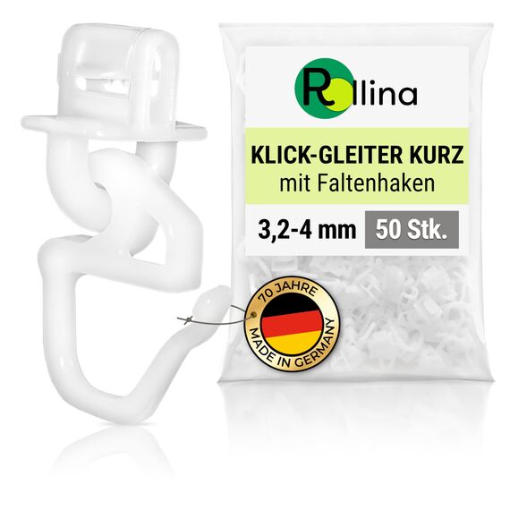 Rollina klick-Gleiter | Gardinenhaken für Gardinenschiene mit 3,2-4mm Innenlauf | Vorhang Haken kurz | auch für Wohnwagen Wohnmobil Caravan LKW | 50 Stück | Made in Germany
