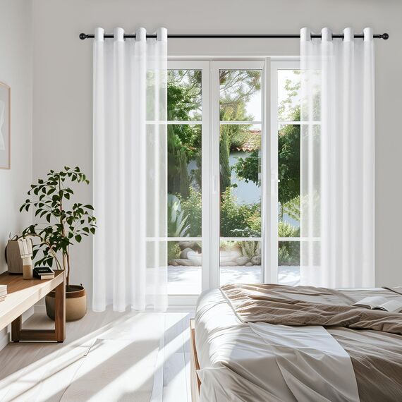 Topfinel 1 Stücke Gardinen Weiß mit ösen Wohnzimmer Sheer Curtains Living Room Semi Transparent Vorhang Fertig Vorhänge Weiss Halbtransparent für Balkontür & Schiebetür Schlaufengardinen 300x220