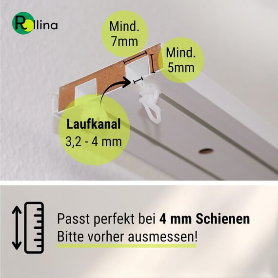 Rollina klick-Gleiter | Gardinenhaken für Gardinenschiene mit 3,2-4mm Innenlauf | Vorhang Haken kurz | auch für Wohnwagen Wohnmobil Caravan LKW | 100 Stück | Made in Germany