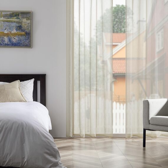Topfinel Gardinen Beige Vorhang Halbtransparent Ösen Vorhänge Leinenoptik Gardine Schals Kurzstore Ösengardinen 2er Set 140x145 cm Deko für Küche, Flur, Klassenzimmer, Sheer Curtains Transparent