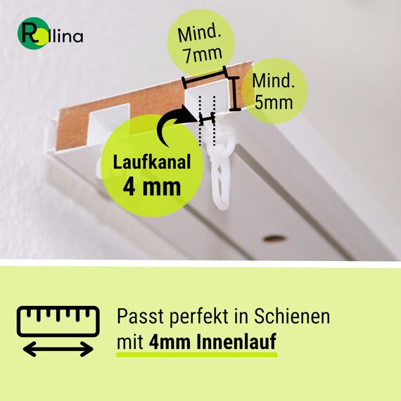 Rollina klick-Gleiter | Gardinenhaken für Gardinenschiene mit 3,2-4mm Innenlauf | Vorhang Haken lang | auch für Wohnwagen Wohnmobil Caravan LKW | 100 Stück | Made in Germany