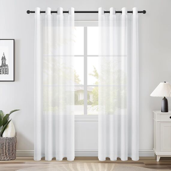 Topfinel Gardinen Wohnzimmer Stores Gardinen mit Ösen Weiß Voile Vorhang Halbtransparent Moderne Leinenoptik Vorhänge Kinderzimmer Gardine Kurz Fenster 215x140 cm (HxB) 2er Set