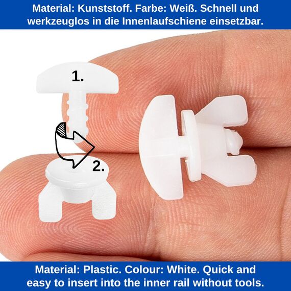Gardinen Feststeller, 24 Stück, in Weiß, aus Kunststoff, für min. 10 x 6 mm Laufkammern, Stopper für Schienensysteme mit Innenläufen, Zwischenfeststeller, Endstopfen, Endfeststeller Gardinenschiene