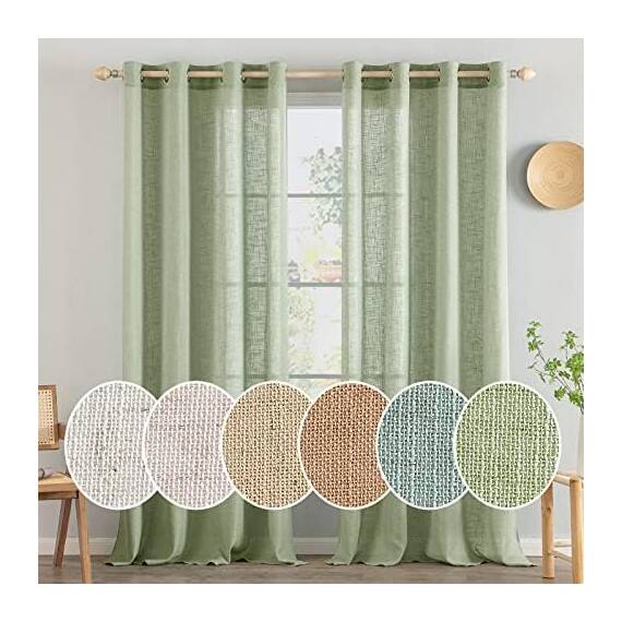 MIULEE Gardinen Vorhänge mit ösen Voile Vorhang kurz Modern Leinenoptik Halbtransparent Ösenvorhang für Wohnzimmer Kinderzimmer Raumteiler 2er Set Grün 137x140 cm