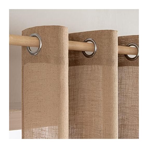 MIULEE Gardinen Vorhänge mit ösen Voile Vorhang kurz Modern Leinenoptik Halbtransparent Ösenvorhang für Wohnzimmer Kinderzimmer Raumteiler 2er Set Braun 200x140 cm