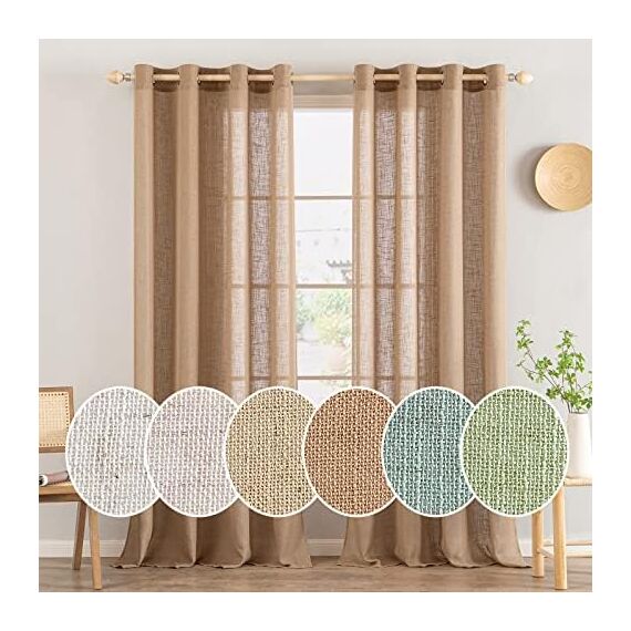 MIULEE Gardinen Vorhänge mit ösen Voile Vorhang kurz Modern Leinenoptik Halbtransparent Ösenvorhang für Wohnzimmer Kinderzimmer Raumteiler 2er Set Braun 200x140 cm
