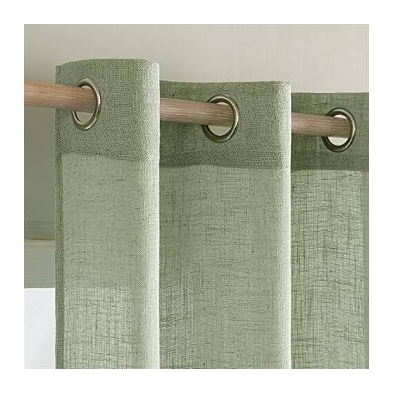 MIULEE Gardinen Vorhänge mit ösen Voile Vorhang kurz Modern Leinenoptik Halbtransparent Ösenvorhang für Wohnzimmer Kinderzimmer Raumteiler 2er Set Grün 137x140 cm