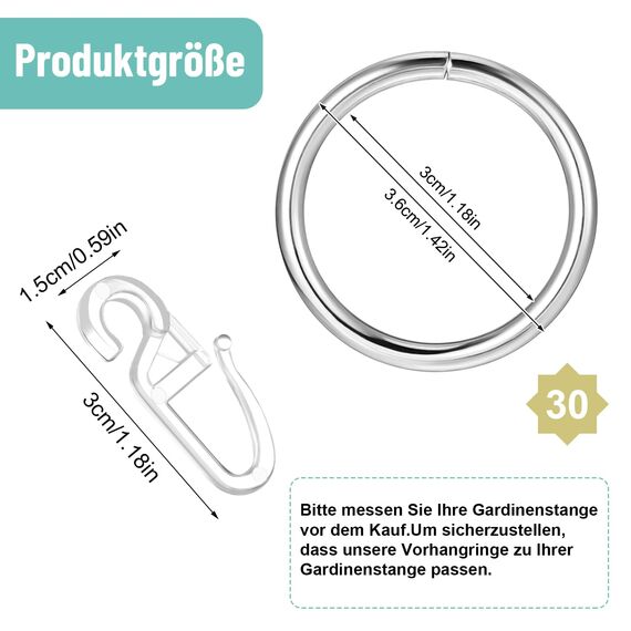 Dacitiery 30 Stück Gardinen Ringe, Metall Vorhangringe mit 30 Stück Kunststoff Gardinenhaken für Fenster Tür Duschvorhang, Gardinenhaken für Schienen, 30 mm Innendurchmesser (Silber)