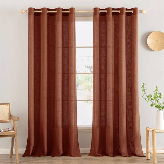 MIULEE Gardinen Vorhänge mit ösen Voile Vorhang kurz Modern Leinenoptik Halbtransparent Ösenvorhang für Wohnzimmer Kinderzimmer Raumteiler 2er Set Ziegelrot 225x140 cm