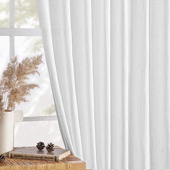 MIULEE Gardinen Vorhänge mit ösen Voile Vorhang kurz Modern Leinenoptik Halbtransparent Ösenvorhang für Wohnzimmer Kinderzimmer Raumteiler 2er Set Weiß 225x140 cm