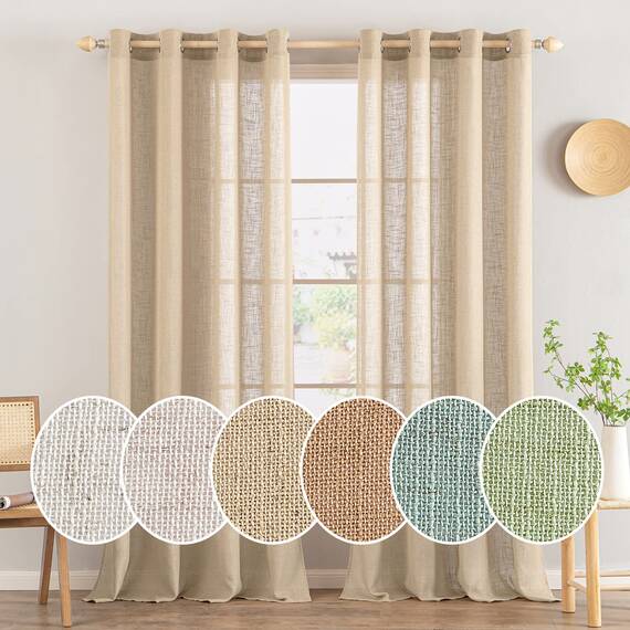 MIULEE Gardinen Vorhänge mit ösen Voile Vorhang kurz Modern Leinenoptik Halbtransparent Ösenvorhang für Wohnzimmer Kinderzimmer Raumteiler 2er Set Khaki 145x140 cm