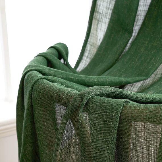 MIULEE Gardinen Vorhänge mit ösen Voile Vorhang kurz Modern Leinenoptik Halbtransparent Ösenvorhang für Wohnzimmer Kinderzimmer Raumteiler 2er Set Dunkelgrün 215x140 cm