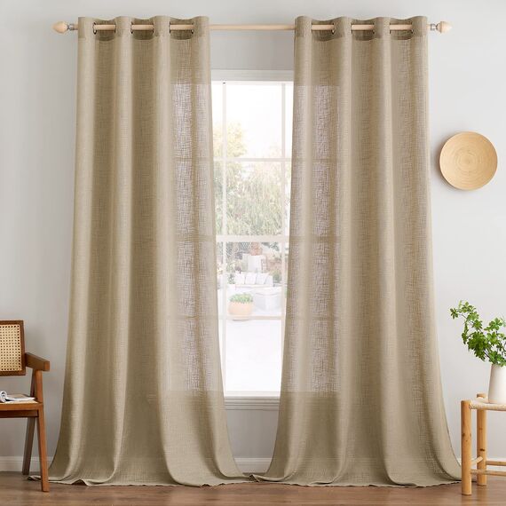 MIULEE Gardinen Vorhänge mit ösen Voile Vorhang kurz Modern Leinenoptik Halbtransparent Ösenvorhang für Wohnzimmer Kinderzimmer Raumteiler 2er Set Dunkelbraun 215x140 cm