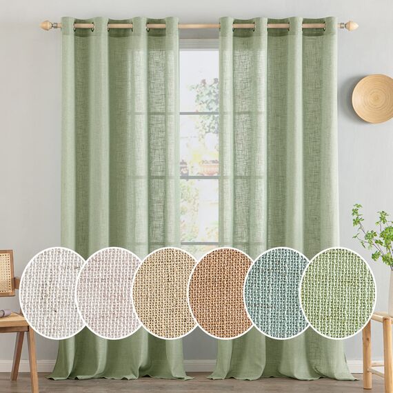 MIULEE Gardinen Vorhänge mit ösen Voile Vorhang kurz Modern Leinenoptik Halbtransparent Ösenvorhang für Wohnzimmer Kinderzimmer Raumteiler 2er Set Grün 145x140 cm