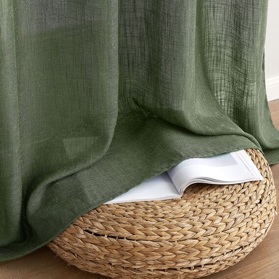 MIULEE Gardinen Vorhänge mit ösen Voile Vorhang kurz Modern Leinenoptik Halbtransparent Ösenvorhang für Wohnzimmer Kinderzimmer Raumteiler 2er Set Olivgrün 215x140 cm