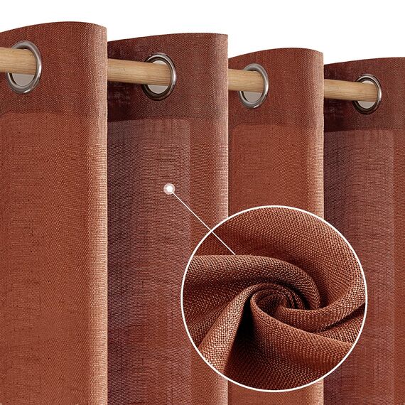 MIULEE Gardinen Vorhänge mit ösen Voile Vorhang kurz Modern Leinenoptik Halbtransparent Ösenvorhang für Wohnzimmer Kinderzimmer Raumteiler 2er Set Ziegelrot 215x140 cm