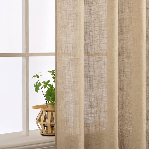 MIULEE Gardinen Vorhänge mit ösen Voile Vorhang kurz Modern Leinenoptik Halbtransparent Ösenvorhang für Wohnzimmer Kinderzimmer Raumteiler 2er Set Khaki 145x140 cm