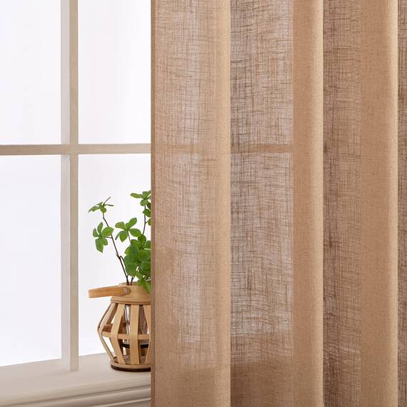 MIULEE Gardinen Vorhänge mit ösen Voile Vorhang kurz Modern Leinenoptik Halbtransparent Ösenvorhang für Wohnzimmer Kinderzimmer Raumteiler 2er Set Braun 215x140 cm