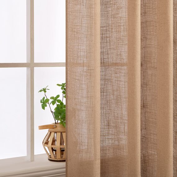 MIULEE Gardinen Vorhänge mit ösen Voile Vorhang kurz Modern Leinenoptik Halbtransparent Ösenvorhang für Wohnzimmer Kinderzimmer Raumteiler 2er Set Braun 200x140 cm
